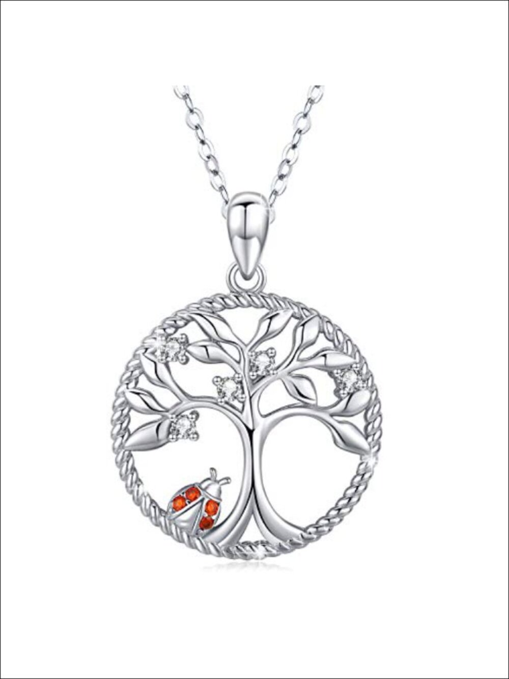 Tree of Life Pendant Necklace 925 Sterling Silver Ladybug Charm Jewelry Gift